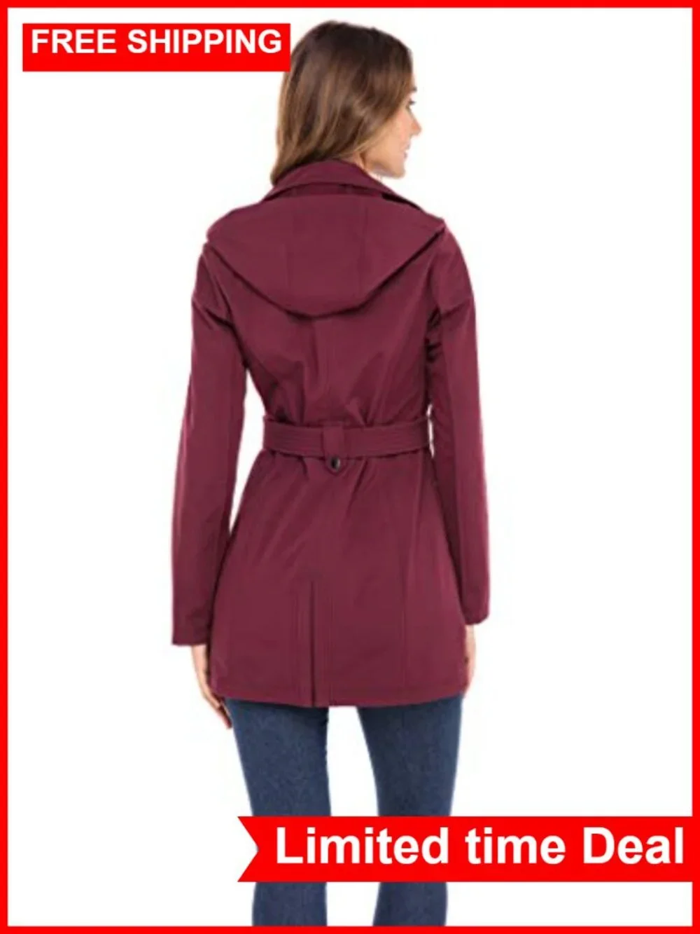 Soft Shell Trench Coat Detachable Hood Double Breasted Belted Women's
